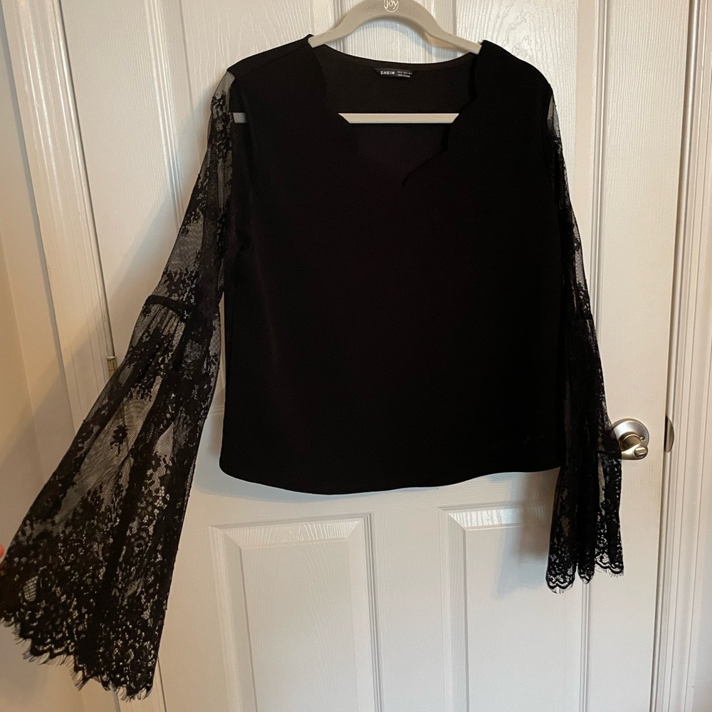 Women’s XL Black Blouse with Sheer Long Sleeves